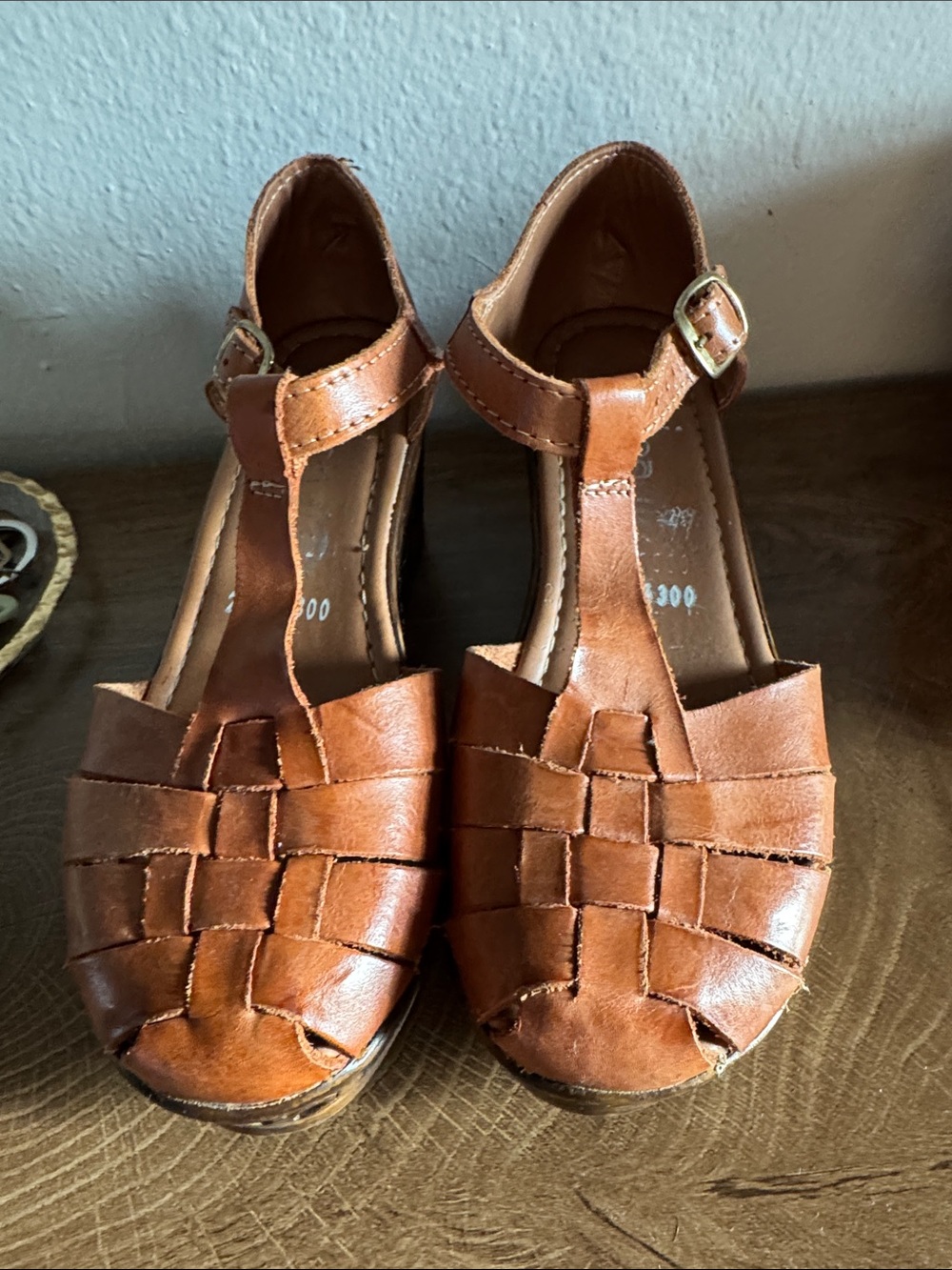 Leather Brown Woven T‑Strap Sandals